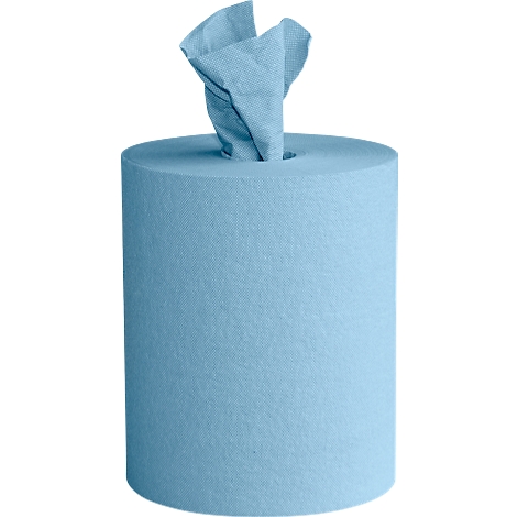 Blue paper towel roll dispenser with paper towels protruding.