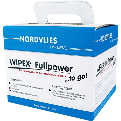 White and blue box with handle, marked WIPEX Fullpower. Text: The power wipes in the mobile dispenser box... to go!