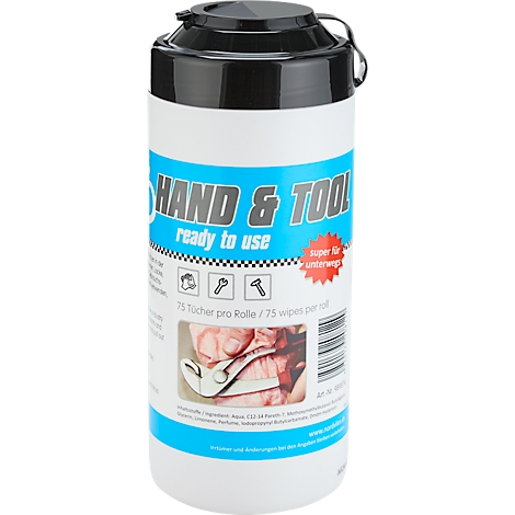 Een witte reinigingsrol met blauwe belettering "HAND & TOOL", tekst eronder "ready to use", rode ster "super für unterwegs".