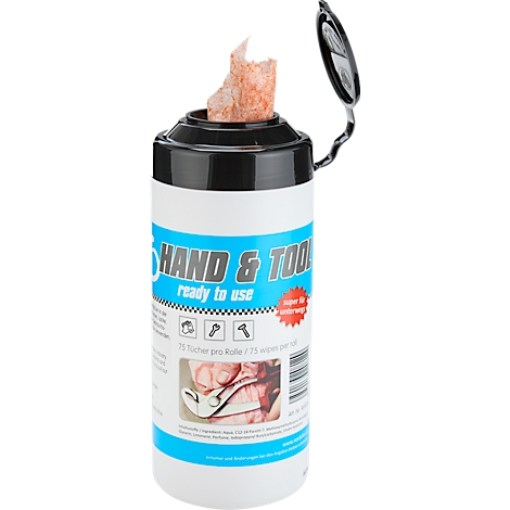 Witte container met schoonmaakdoekjes, zwarte deksel en open sluiting. Opvallende tissue.