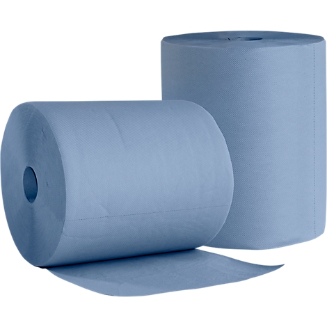 Zwei Rollen hellblaues Papier, eine Rolle liegt, die andere steht. Papier zur Reinigung.