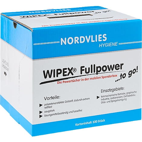 Eine quadratische Box mit blauen und weißen Abschnitten. Auf der Box steht in großen Buchstaben "WIPEX Fullpower". Darunter "Die Powertücher in der mobilen Spenderbox ... to go!".
