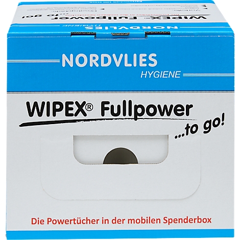 Weiße Box mit blauem Deckel. Beschriftung: WIPEX Fullpower. Darunter ein Loch.