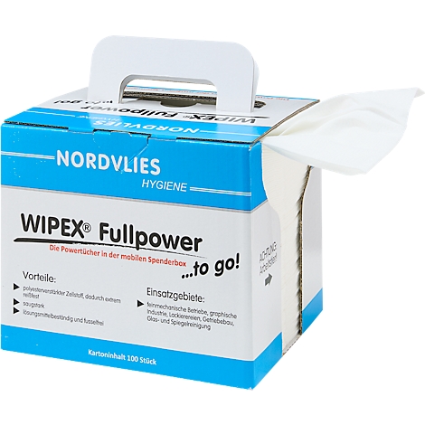 Eine Schachtel Wischtücher, mit Griff. Blaue und weiße Farbgebung, "WIPEX Fullpower" Aufschrift. Ein Tuch ist herausgezogen.