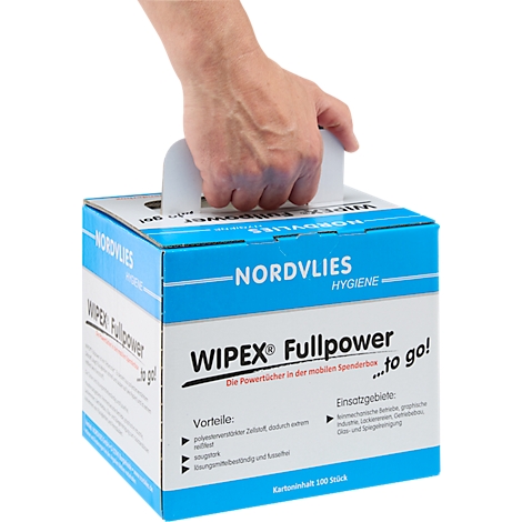 Eine Hand hält einen Karton mit Putztüchern. Aufschrift: WIPEX Fullpower. Blauer und weißer Karton.