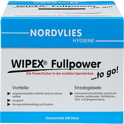 Weiße Box mit blauem Deckel. Aufschrift: WIPEX Fullpower, Hygienetücher. Vorteile und Einsatzgebiete werden textuell aufgeführt.