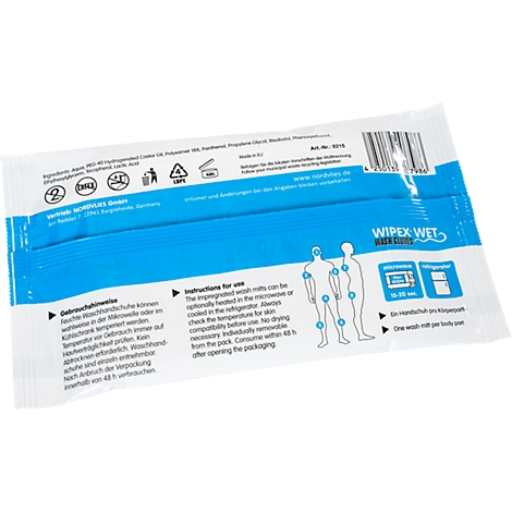 Verpackung von feuchten Waschlappen. Blaue Schrift auf weißem Grund, Produktnamen und Anwendungsbeispiele.