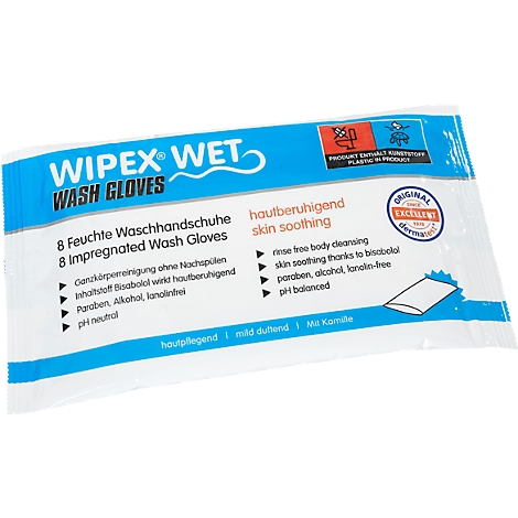 Verpakking van natte washandjes. Blauw en wit ontwerp, productnaam WIPEX WET. Tekst: Huidreiniging, spoelvrij, parabenenvrij.