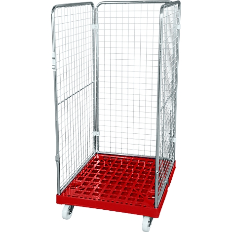 A red transport trolley with wire mesh walls and white wheels. It is empty and standing on a white background.
