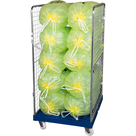 Roll container filled with green salads in foil. The container is on castors.