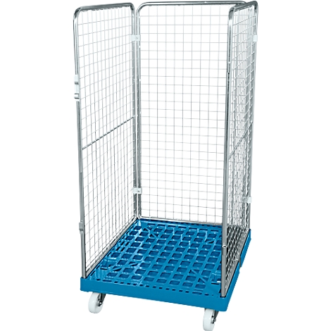 Blue rolling cart with wire mesh sides and wheels. Open door.