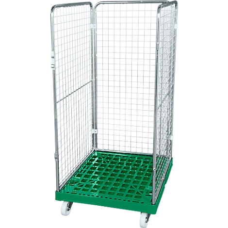 Metal roll container, green plastic floor and mesh walls. Four wheels.