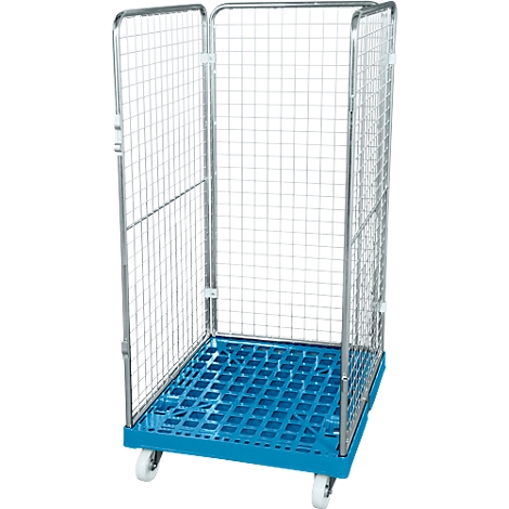 Blue rolling cart with mesh walls and white wheels.