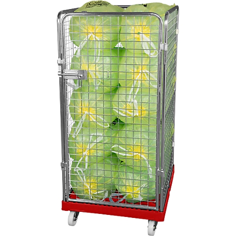 Roll container filled with packaged vegetables, enclosed with wire mesh and metal frame.