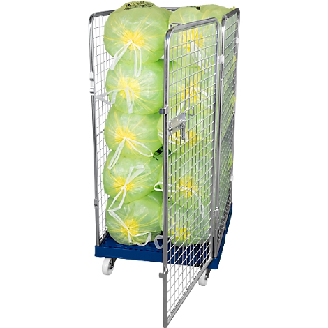A roll container with green cabbage heads wrapped in foil.