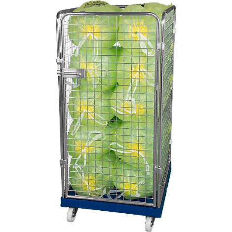 Metal trolley filled with plastic bags filled with vegetables. On wheels and with a grid structure.