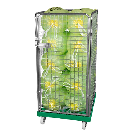 A wire mesh roll container filled with packaged, light green products, against a white background.
