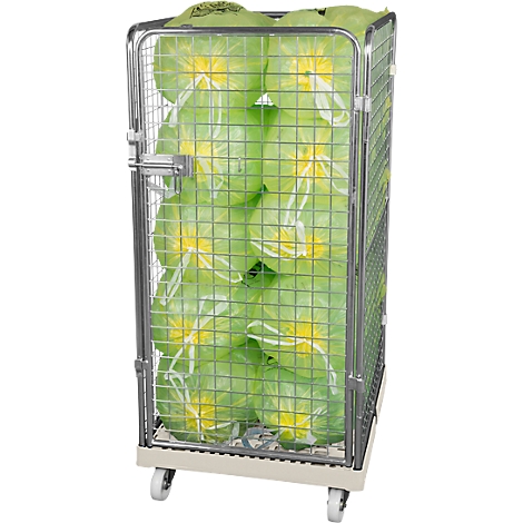 Metal cart with cage filled with packed vegetables in green plastic bags.