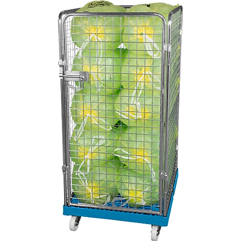 A metal cage on wheels filled with packaged green products.