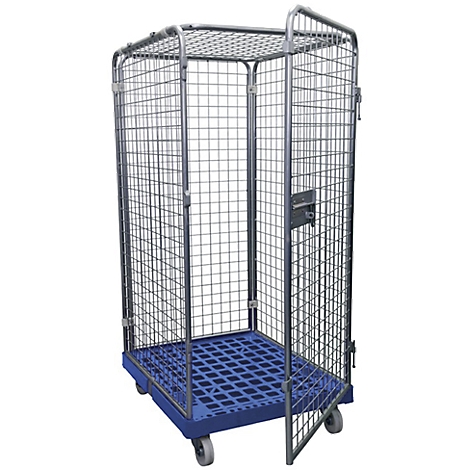 Metal cage trolley with blue base and door. Gray wheels. Neutral background.