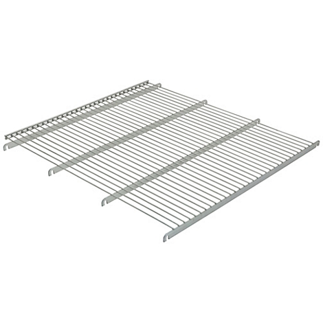 Metal grid viewed from above. It consists of parallel bars with crossbars, connected by hooks.
