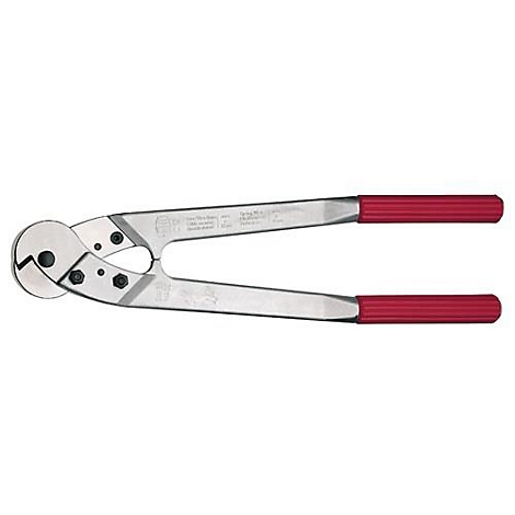 Cable cutter with red handles, detail view.