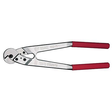 A cable cutter with red handles. The scissors are made of metal with various inscriptions.
