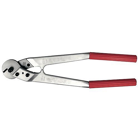 Metal cable cutter with red handles. Lettering can be seen on the silver tool. The cutting head is round.