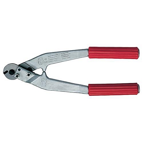 Cable cutter with silver jaws and red handles, tool. Inscription: Swiss Made.