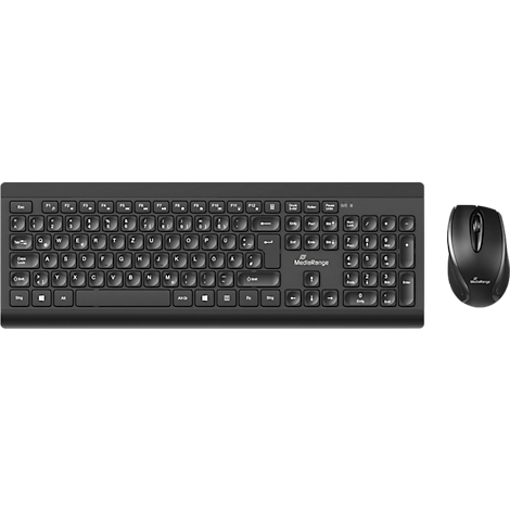 Black keyboard and mouse. The keyboard has keys and a logo. The mouse is ergonomically shaped.