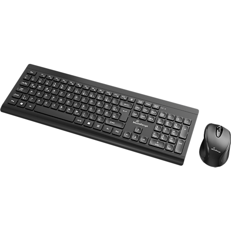 Black keyboard and mouse set. The keyboard has a standard layout with a numeric keypad. The mouse has an ergonomic shape.