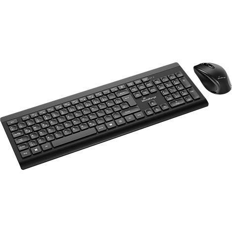Black keyboard and mouse set. The keyboard has many keys. The mouse has a curved design.