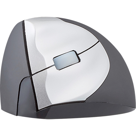 Ergonomic mouse in gray and silver. Vertical design for a natural hand position.