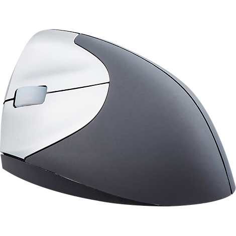Ergonomic mouse in gray and silver. Vertical design, with buttons and scroll wheel.