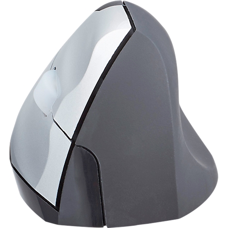 Ergonomic mouse in grey and silver. Vertical design, relieves wrist strain. Glossy upper surface, grey body.