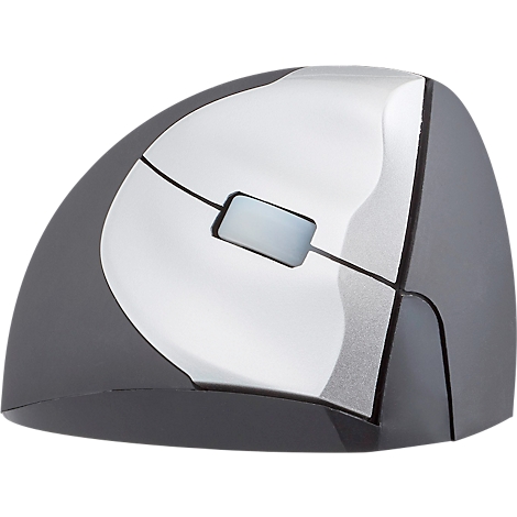 Vertical computer mouse in gray and silver. There is a gray button on the top.