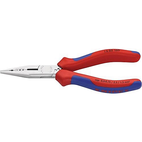 Pliers with red and blue handles, with markings on them.