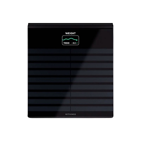 Schwarze Personenwaage mit Anzeige. Zeigt Gewichtstrend von -0,3. Marke: Withings.