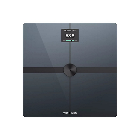 Schwarze Withings Körperanalysewaage mit Displayanzeige fuer Muskelmasse.