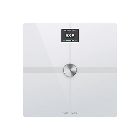 Weiße Withings Personenwaage von oben mit Display, das 58,8 kg Muskelmasse anzeigt.