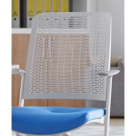 Close-up of a modern office chair with a perforated backrest, blue seat, and white armrests.