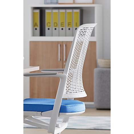 White office chair with blue seat in front of a cabinet with folders. The chair has a textured backrest.