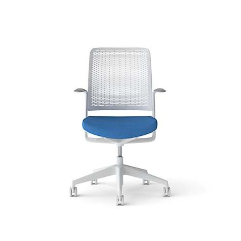 Office chair: White frame, dotted backrest, blue seat. Armrests, wheeled feet.