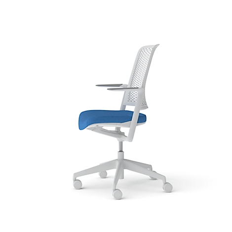 White office chair with blue seat and armrests, turned to the side.