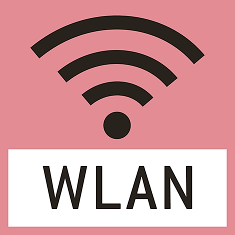 Wireless WLAN symbol in black on pink background; below it is WLAN in black font.