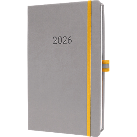 Graues Notizbuch mit gelbem Gummiband und der geprägten Jahreszahl 2026.