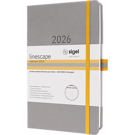 Grauer Kalender mit gelbem Gummiband, Aufdruck "2026" und "linescape".