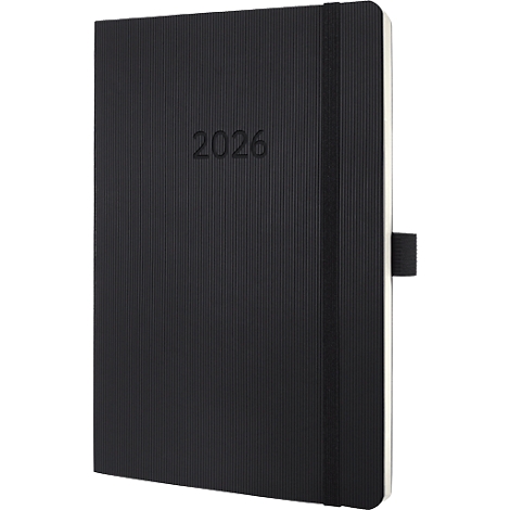 Schwarzes Notizbuch mit Jahr 2026. Vertikale Rillen. Schwarzes Gummiband und -lasche.