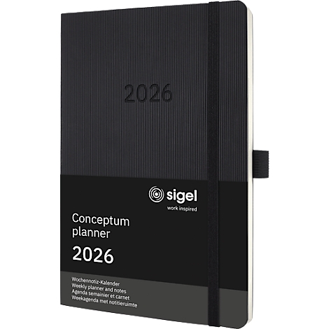 Schwarzer Conceptum Planer 2026 mit Gummiband und Stiftschlaufe. Das Sigel-Logo ist sichtbar.