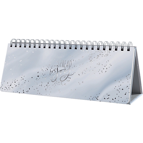 Tischkalender mit Spiralbindung; hellblau-grauer Hintergrund mit Schriftzug "SPREAD JOY".